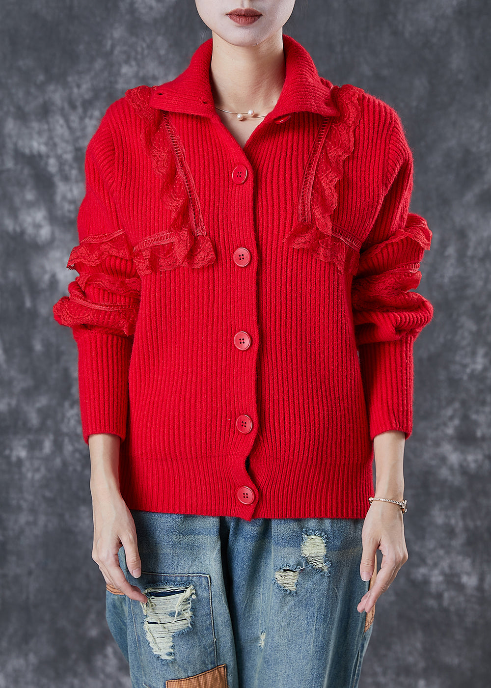 Elegant Red Peter Pan Collar Lace Patchwork Knit Coats Winter