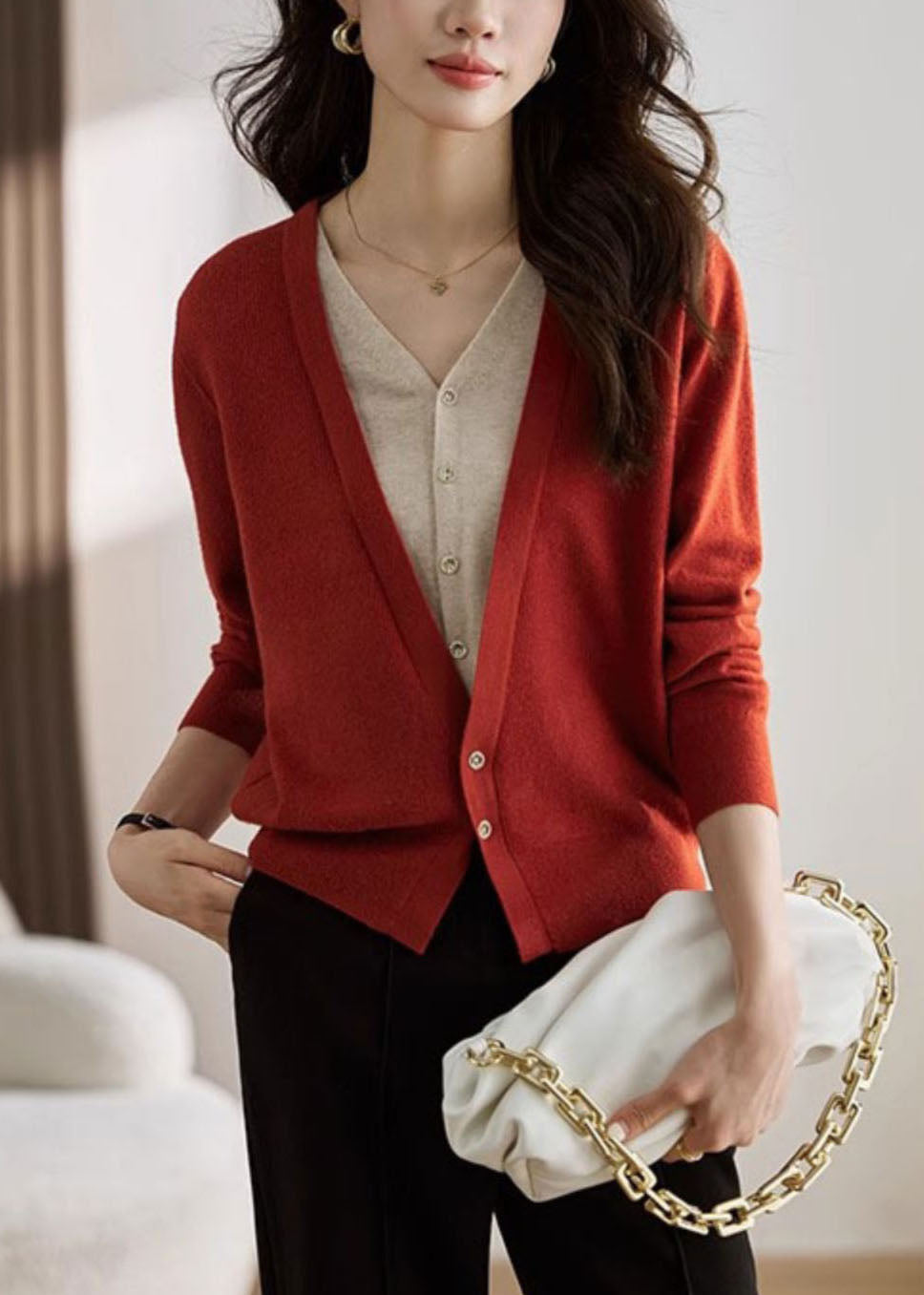 Elegant Red V Neck Patchwork False Two Pieces Knit Coat Spring