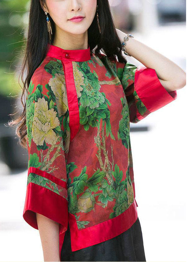 Elegant Red button Stand Collar print Silk tops Half Sleeve