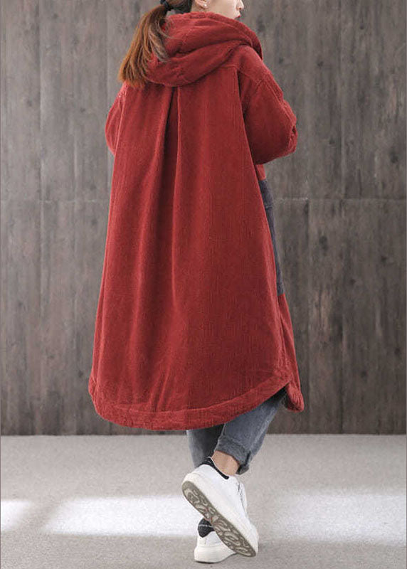 Elegant Red hooded Pockets Button Winter Coat Long sleeve