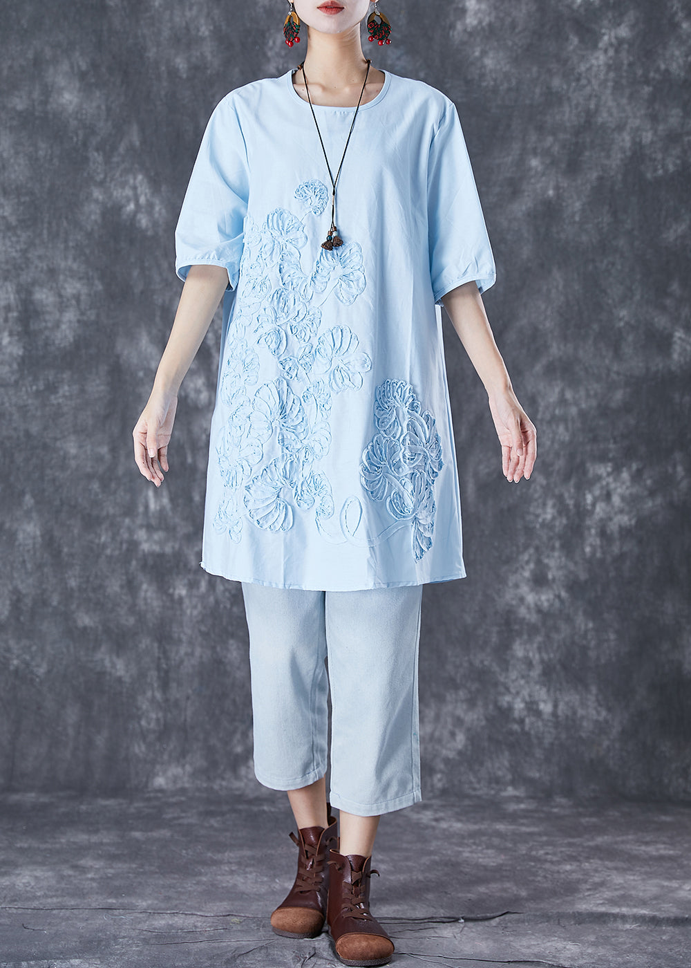 Elegant Sky Blue Embroideried Linen Mid Dress Summer