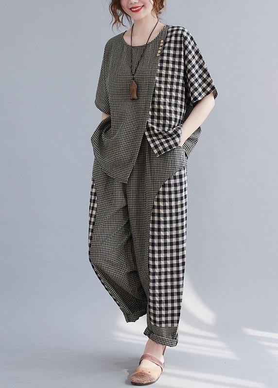 Elegant Small grid Patchwork asymmetrical design Two Piece Set Women Clothing