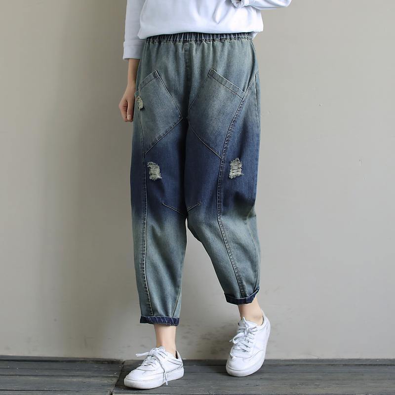 Elegant Spring Casual Pants Stylish Denim Dark Blue Shape Elastic Waist Hole Wild Pants