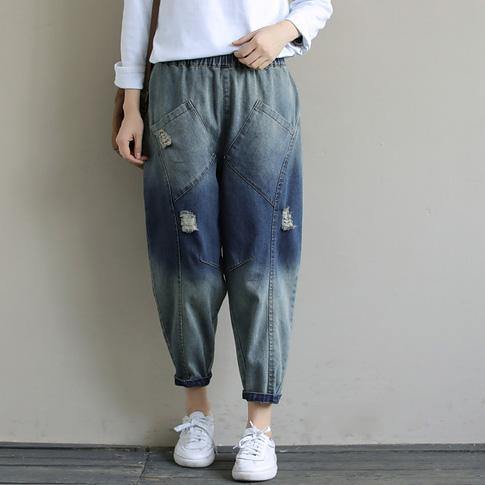 Elegant Spring Casual Pants Stylish Denim Dark Blue Shape Elastic Waist Hole Wild Pants