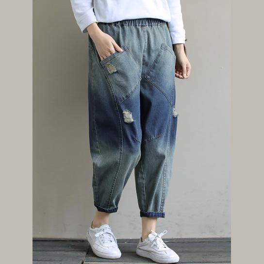 Elegant Spring Casual Pants Stylish Denim Dark Blue Shape Elastic Waist Hole Wild Pants