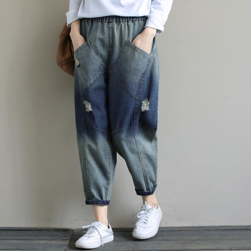 Elegant Spring Casual Pants Stylish Denim Dark Blue Shape Elastic Waist Hole Wild Pants