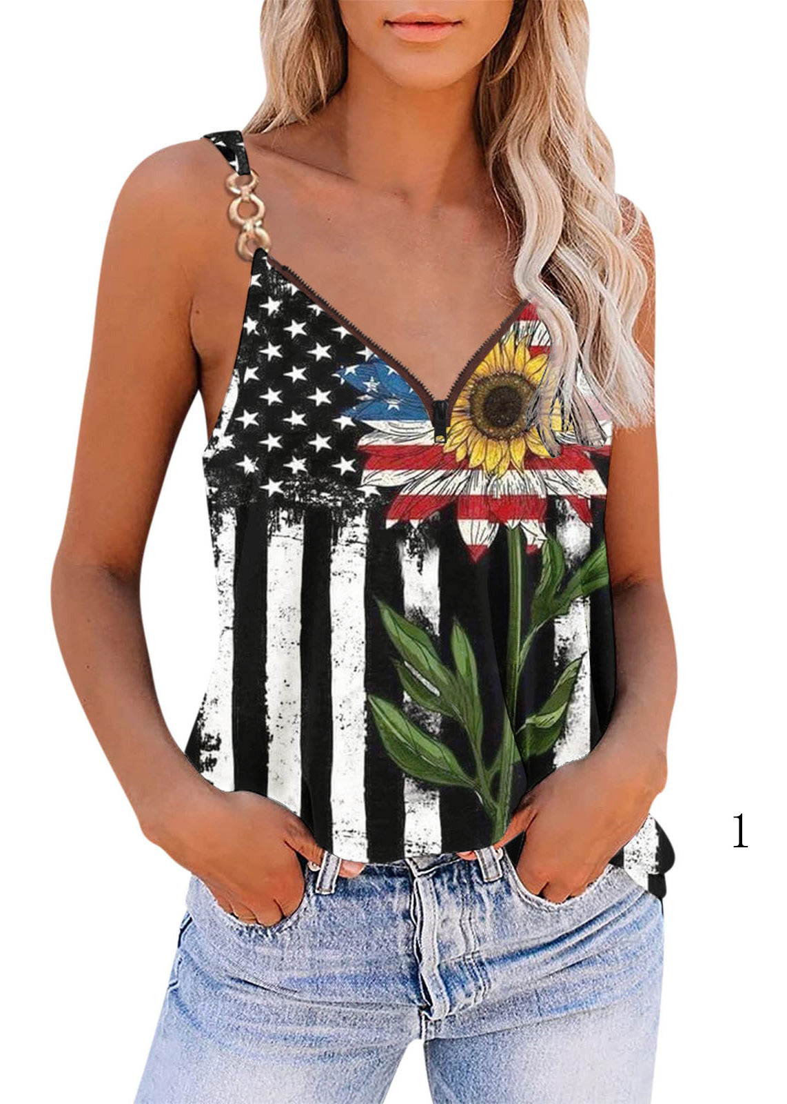 Elegant V Neck Zippered Independence Day Theme Print Sequined Spaghetti Strap Tank Tops Summer