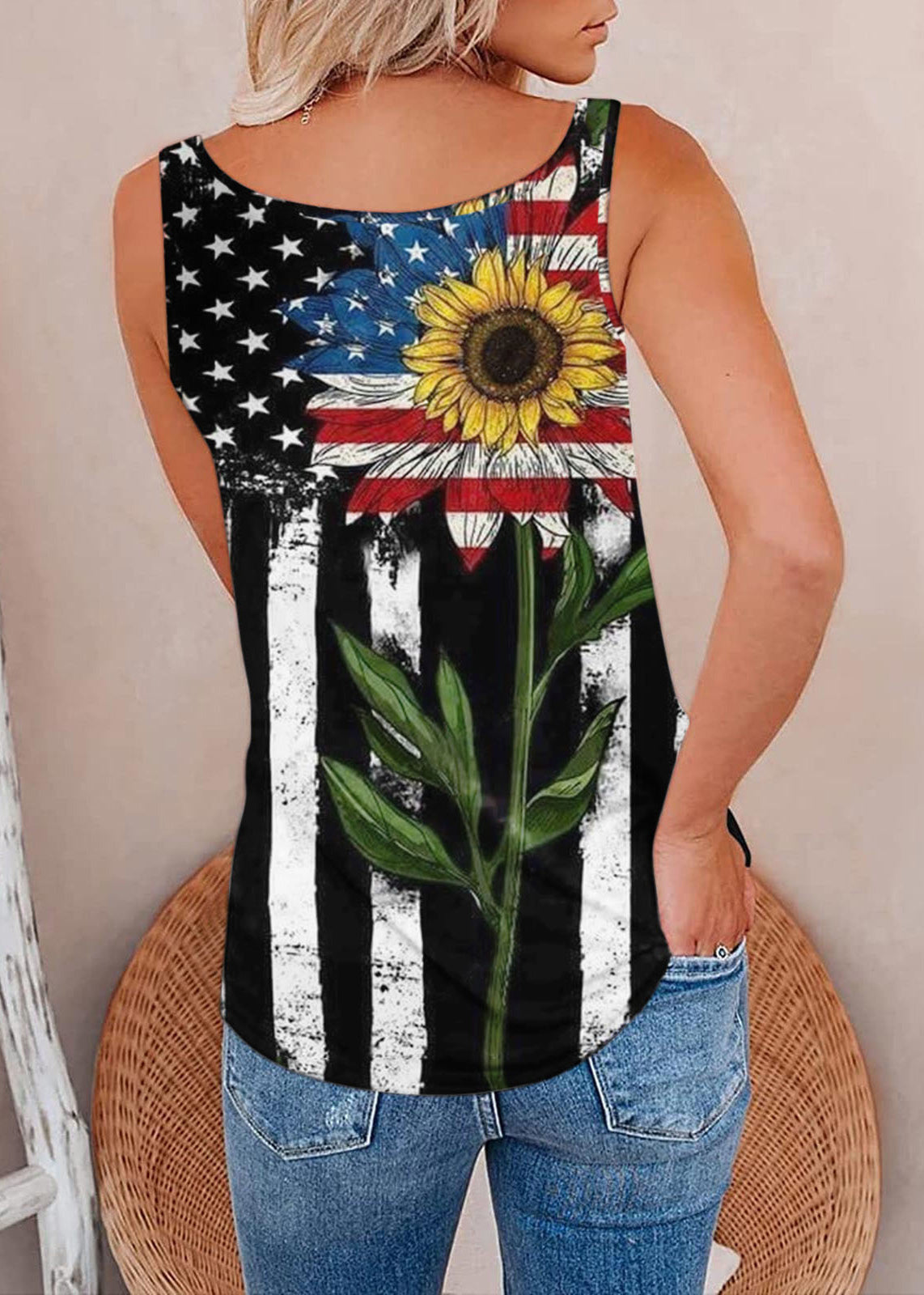 Elegant V Neck Zippered Independence Day Theme Print Sequined Spaghetti Strap Tank Tops Summer