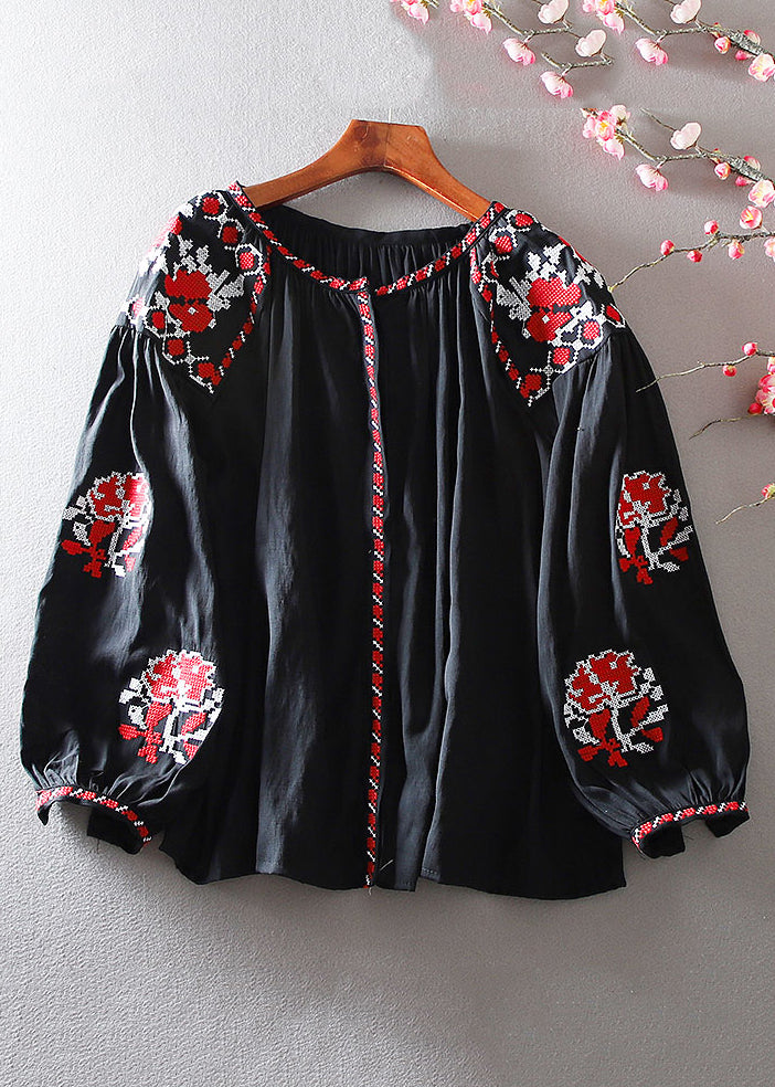 Elegant White Embroidered Floral Shirt Lantern Sleeve