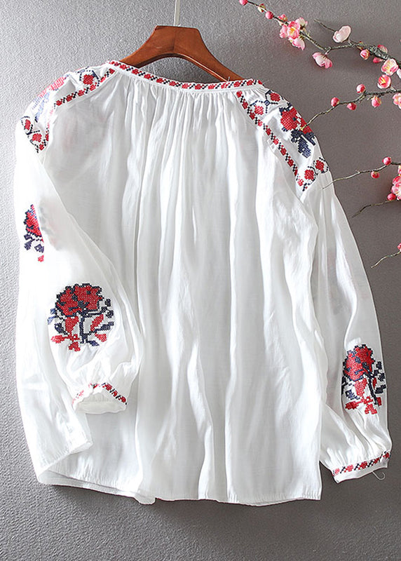 Elegant White Embroidered Floral Shirt Lantern Sleeve