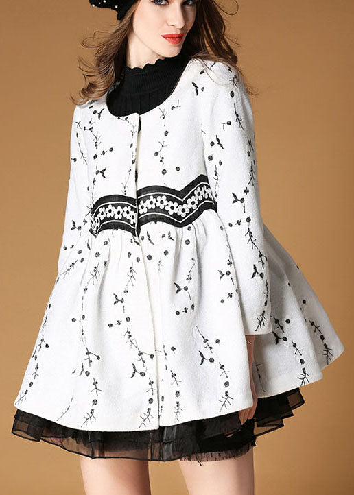 Elegant White Embroideried Patchwork Print Fall Woolen Coats