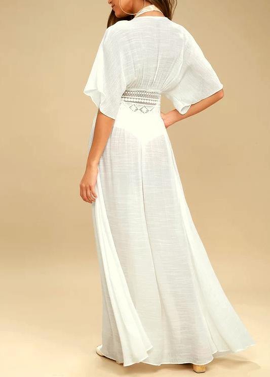 Elegant White Patchwork Hollow Out kimono robe Long Summer Cotton