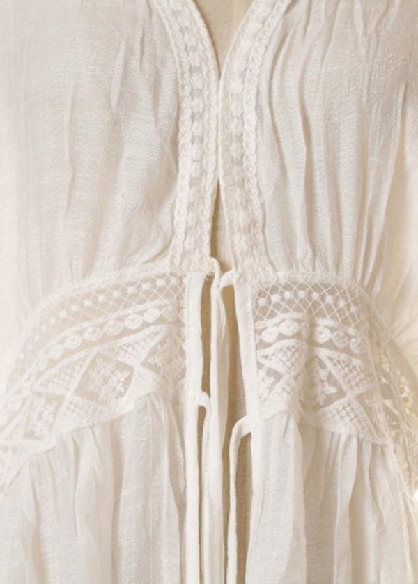 Elegant White Patchwork Hollow Out kimono robe Long Summer Cotton