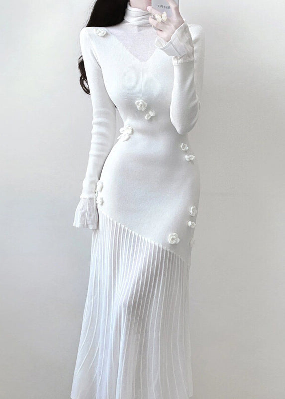 Elegant White Turtleneck Floral Knit Patchwork Long Dresses Spring