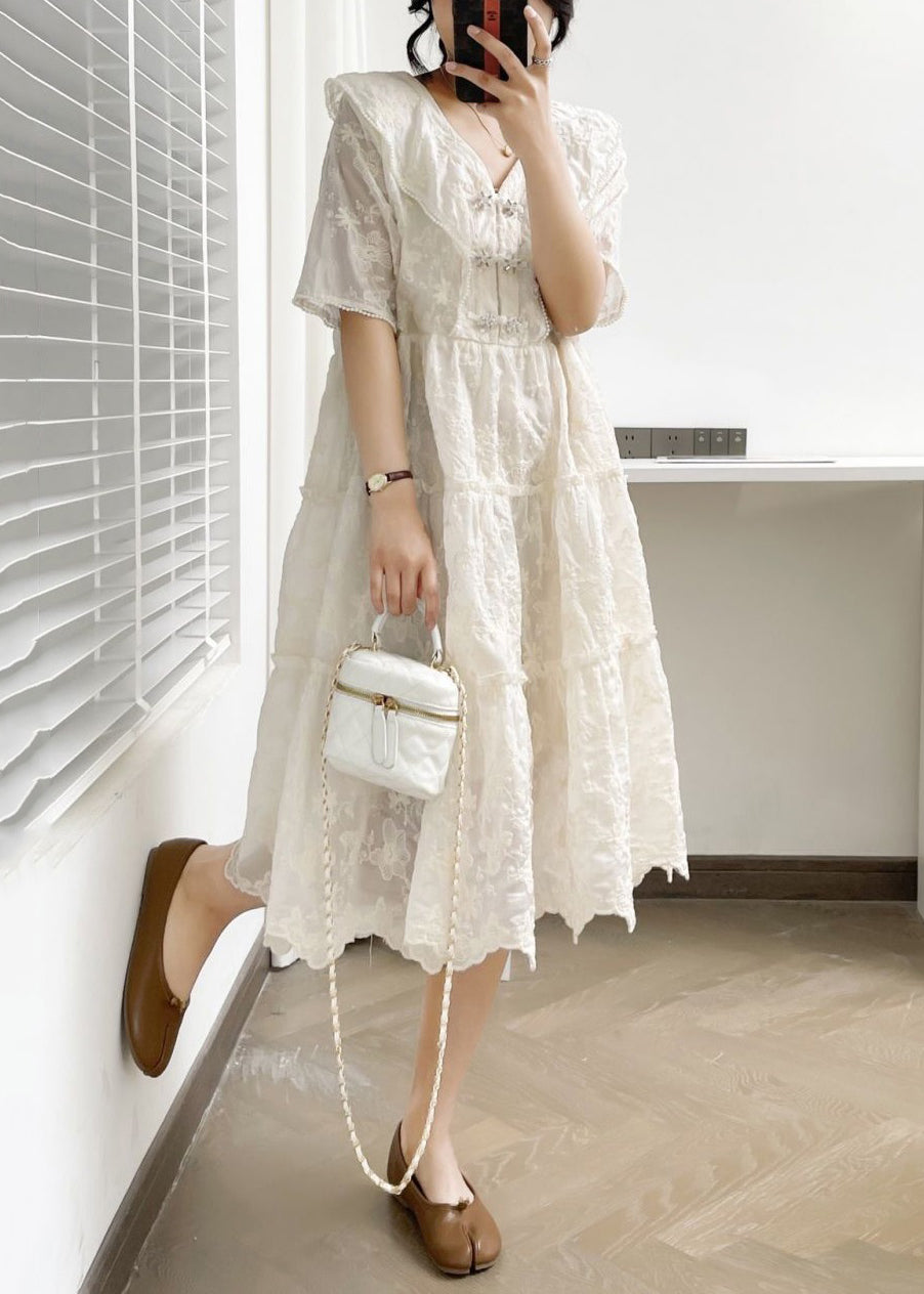 Elegant White V Neck Button Ruffled Cotton Dress Summer