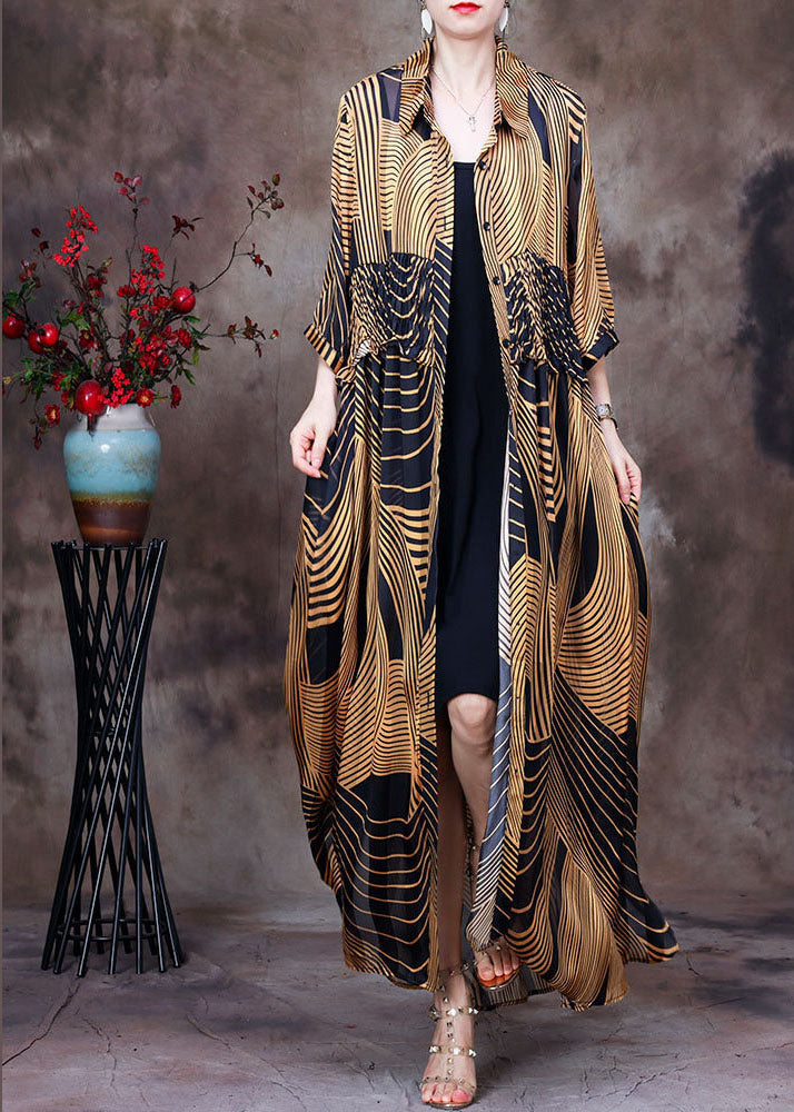 Elegant Yellow Peter Pan Collar Wrinkled Striped Print Chiffon Long Shirt Half Sleeve