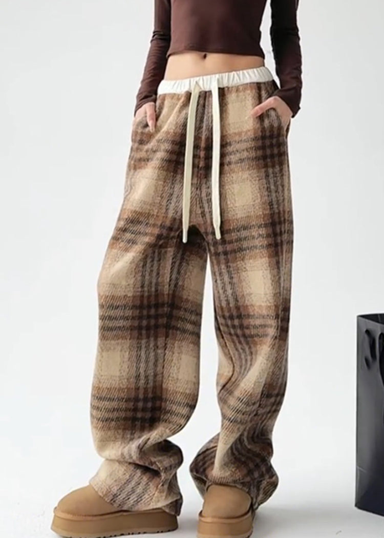 Elegant Yellow Plaid Warm Fleece Draping Woolen Wide Leg Pants Spring