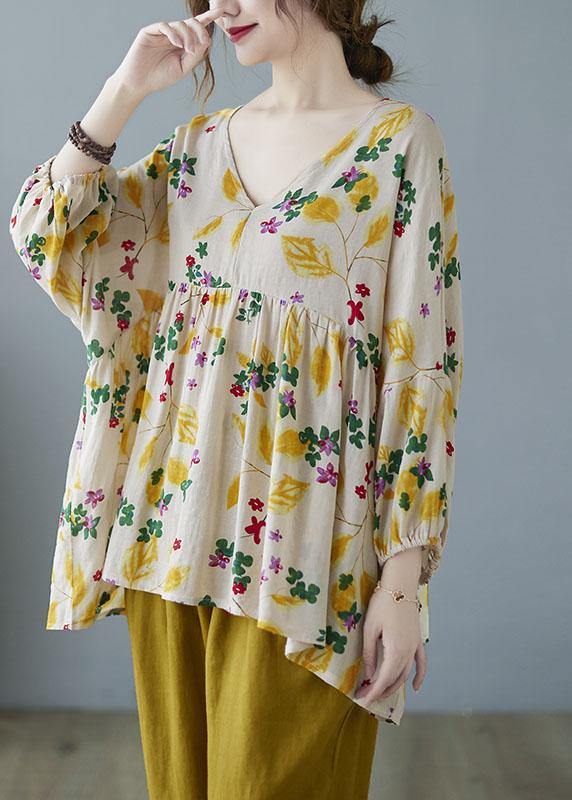 Elegant Yellow Ruffles Print Batwing Sleeve Cotton Linen Top