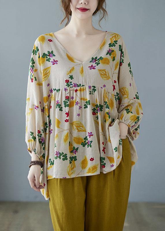 Elegant Yellow Ruffles Print Batwing Sleeve Cotton Linen Top