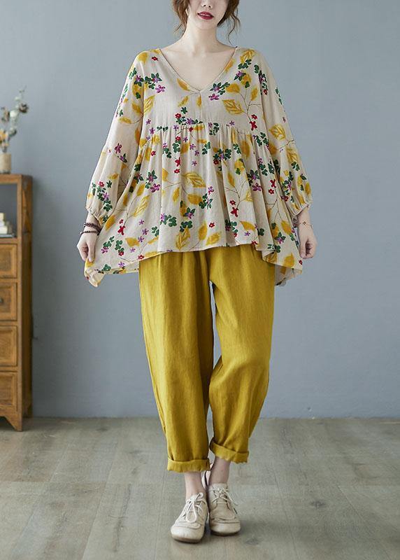 Elegant Yellow Ruffles Print Batwing Sleeve Cotton Linen Top