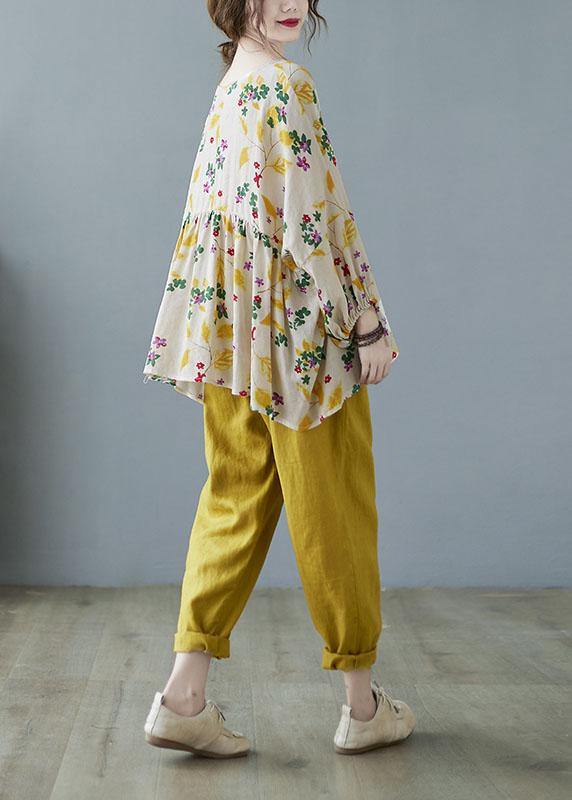 Elegant Yellow Ruffles Print Batwing Sleeve Cotton Linen Top