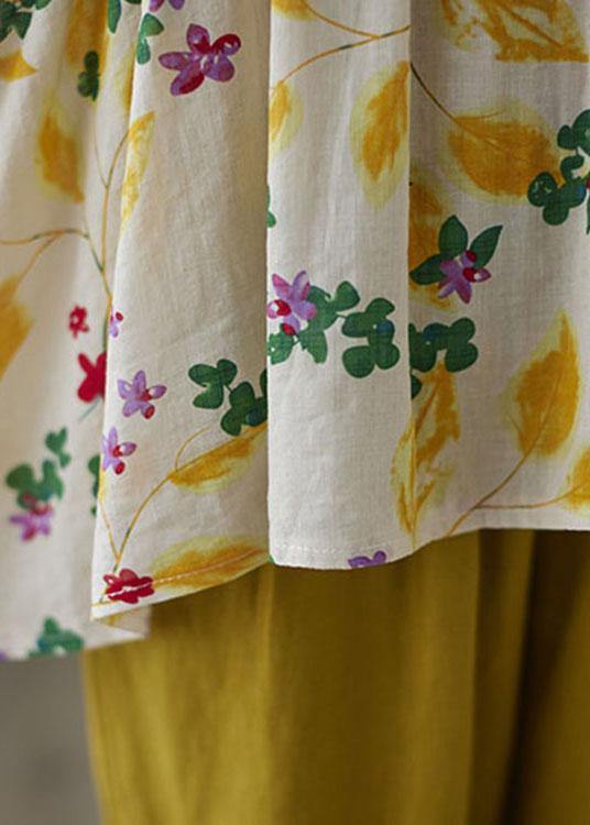 Elegant Yellow Ruffles Print Batwing Sleeve Cotton Linen Top