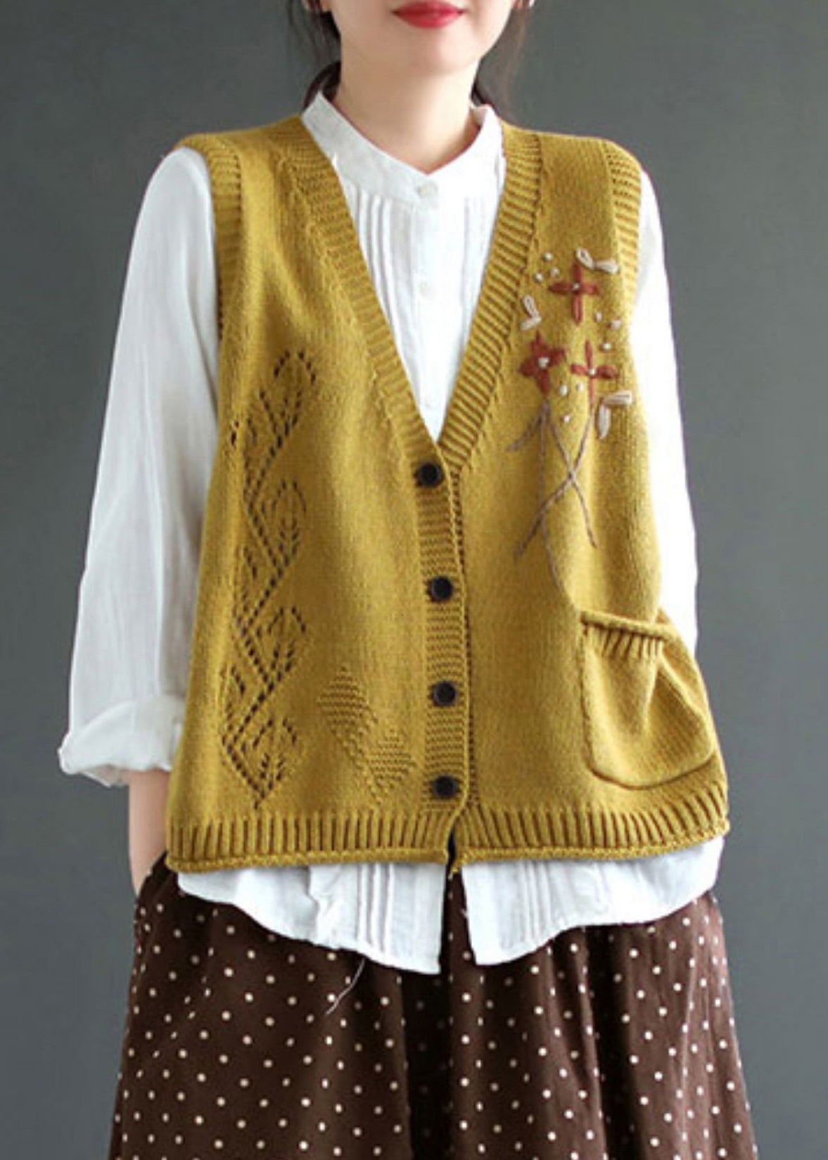 Elegant Yellow V Neck Button Patchwork Cotton Knit Waistcoat Sleeveless