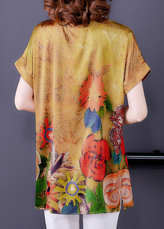 Elegant Yellow V Neck Original Design Print Side Open Silk Top Short Sleeve