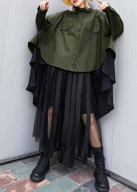 Elegant asymmetric lapel cotton Blouse Inspiration army green blouses