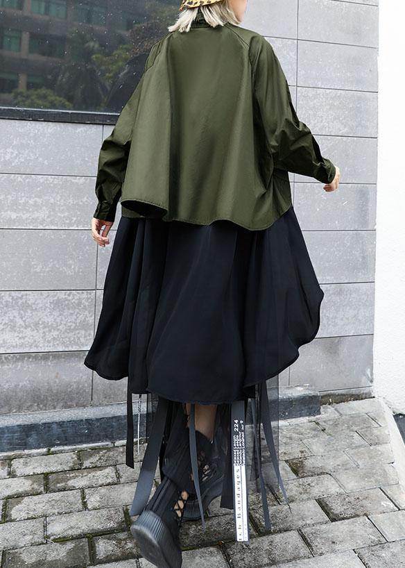 Elegant asymmetric lapel cotton Blouse Inspiration army green blouses