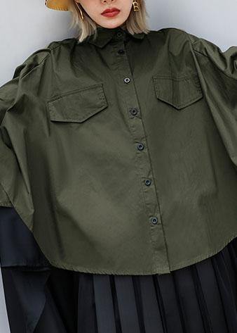 Elegant asymmetric lapel cotton Blouse Inspiration army green blouses