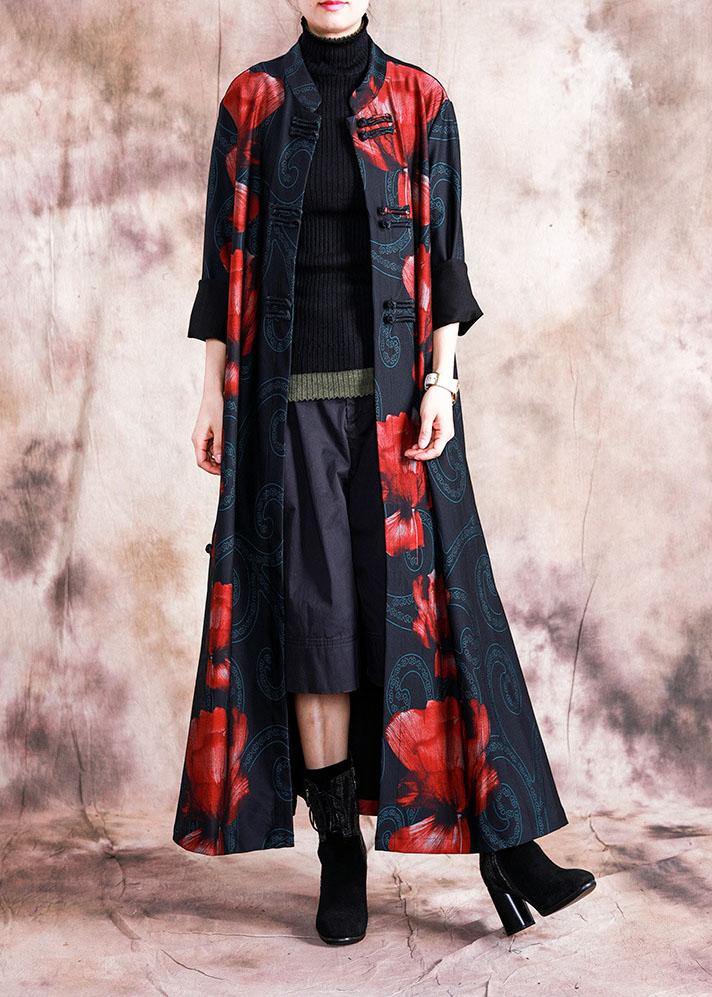 Elegant black patchwork red print oversize long Chinese Button fall coat