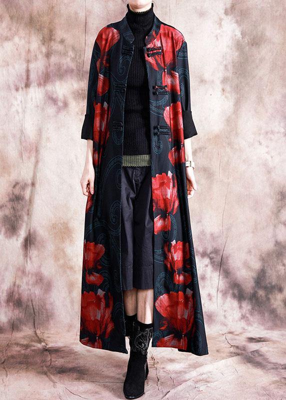 Elegant black patchwork red print oversize long Chinese Button fall coat