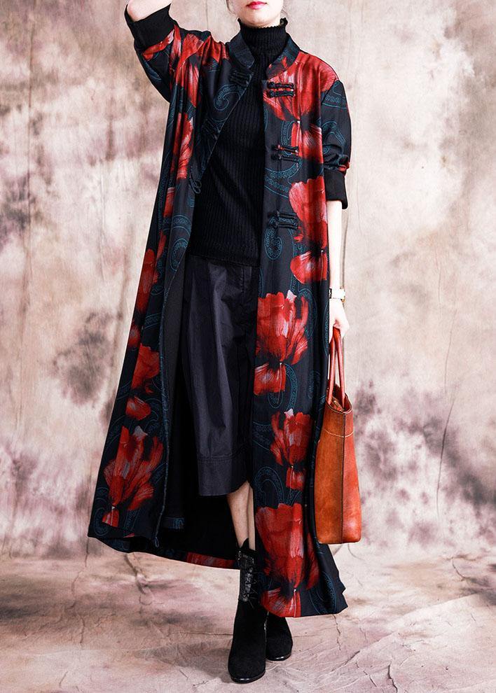 Elegant black patchwork red print oversize long Chinese Button fall coat