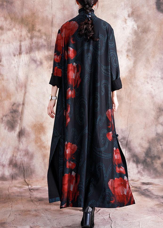 Elegant black patchwork red print oversize long Chinese Button fall coat