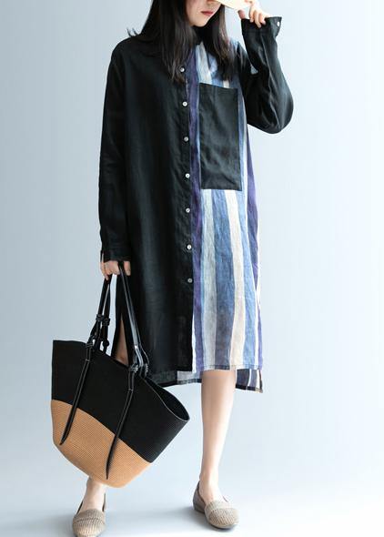 Elegant black patchwork striped Tunic lapel Art Dress