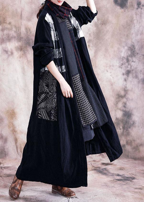 Elegant black print Coats plus size fall v neck patchwork coat