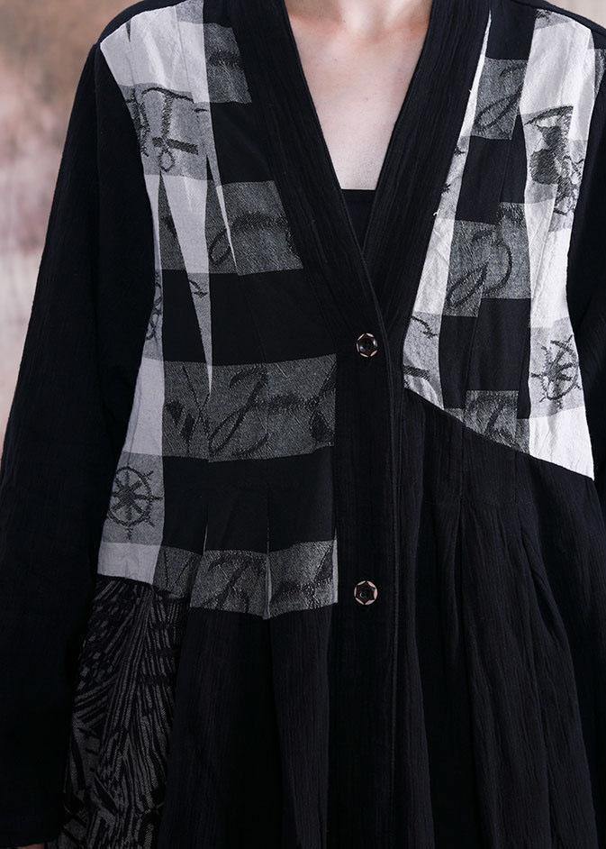 Elegant black print Coats plus size fall v neck patchwork coat