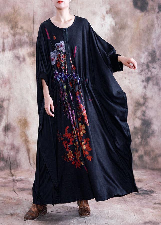 Elegant black print cotton dress o neck asymmetric fall Dress