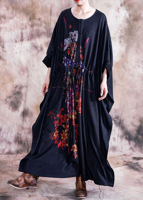 Elegant black print cotton dress o neck asymmetric fall Dress