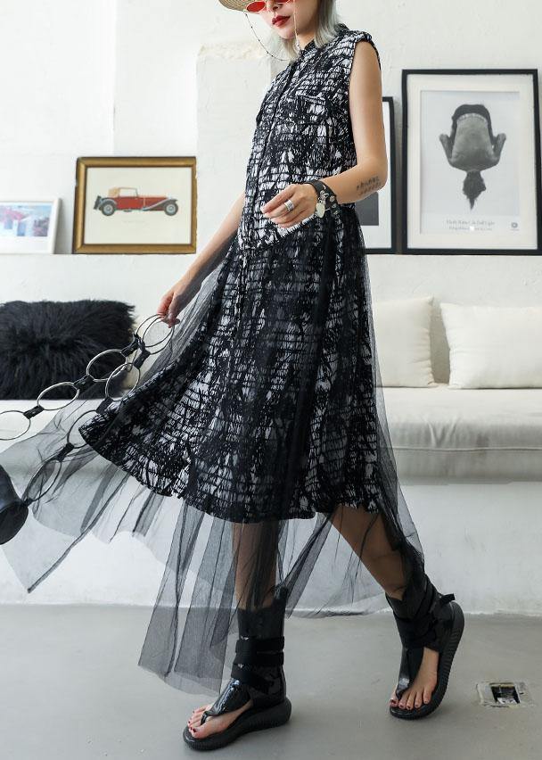 Elegant black prints cotton Tunic sleeveless Maxi summer Dresses