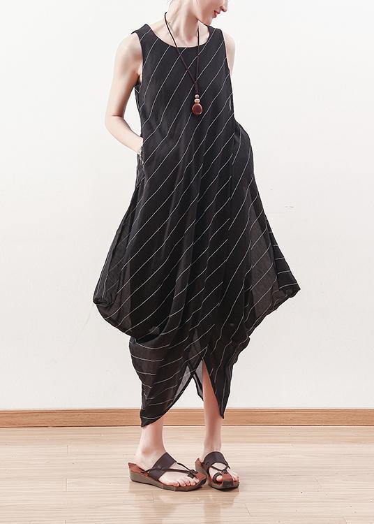 Elegant black sleeveless linen Robes asymmetric Maxi summer Dresses