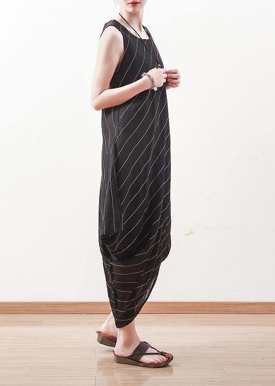 Elegant black sleeveless linen Robes asymmetric Maxi summer Dresses