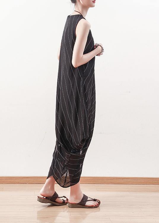 Elegant black sleeveless linen Robes asymmetric Maxi summer Dresses