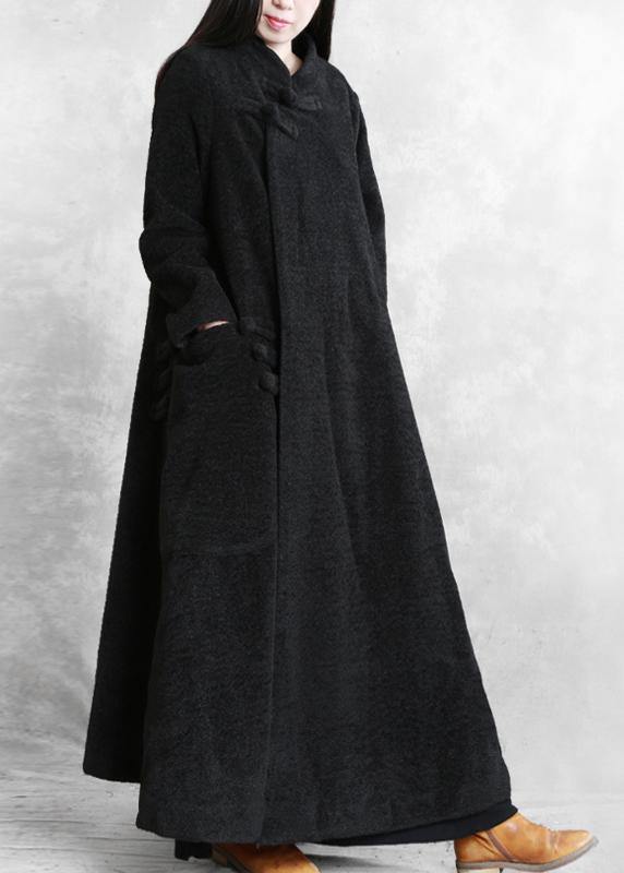 Elegant black woolen outwear plus size clothing stand collar asymmetric long coat