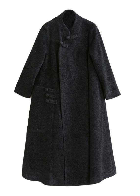 Elegant black woolen outwear plus size clothing stand collar asymmetric long coat