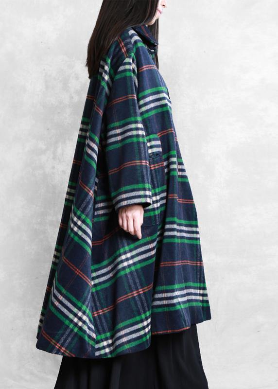 Elegant blue plaid wool overcoat plus size clothing Peter pan Collar large hem Coats