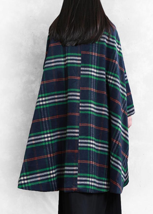 Elegant blue plaid wool overcoat plus size clothing Peter pan Collar large hem Coats