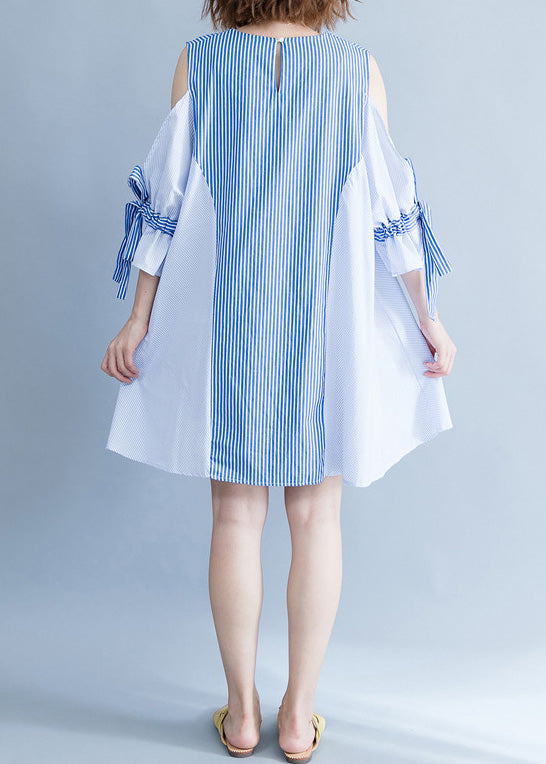 Elegant blue striped Cotton clothes plus size Fabrics off the shoulder summer Dresses