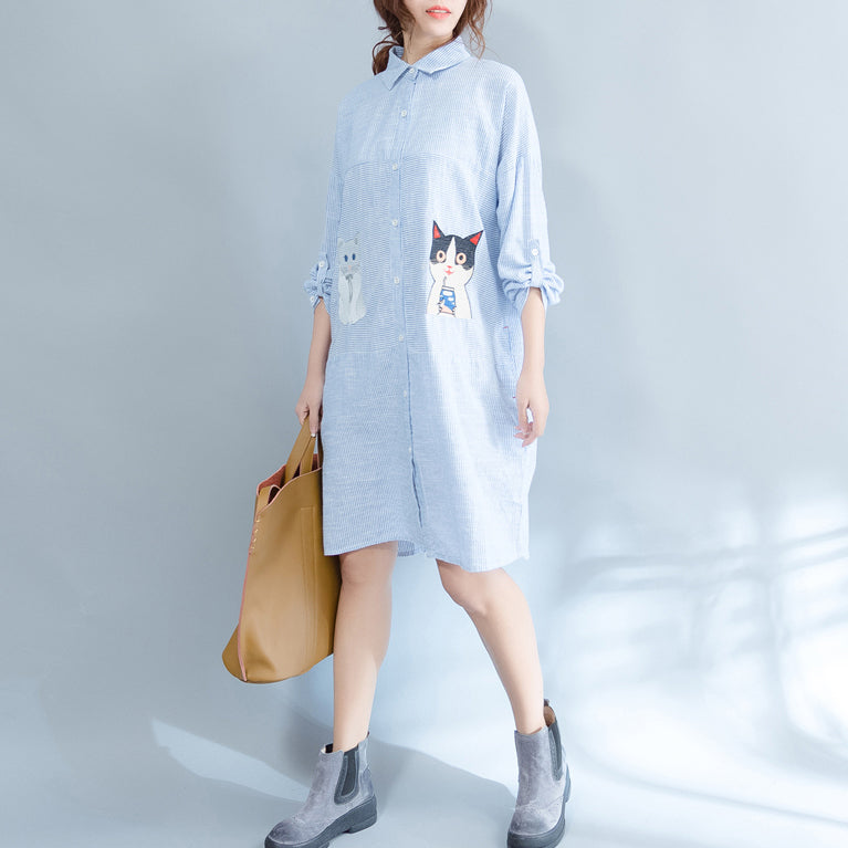 Elegant blue striped cotton knee dress Loose fitting traveling dress fine patchwork cats prints shirt dress